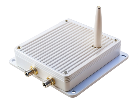 Close up view of white box enclosure with antenna and gold connectors