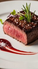Close-up of a perfectly seared steak, seasoned with salt and garnished with fresh rosemary and microgreens, served with a vibrant red sauce.