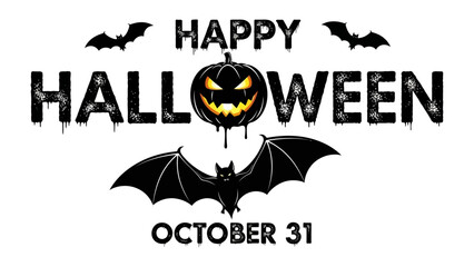 Spooky Halloween Night: Spooky Halloween themed text art with bat and pumpkin imagery with the text Happy Halloween October 31 to promote the spookiest event of the year!