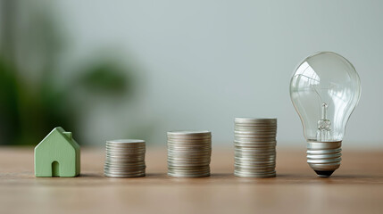Lightbulb and coin stacks represent energy savings, financial growth.