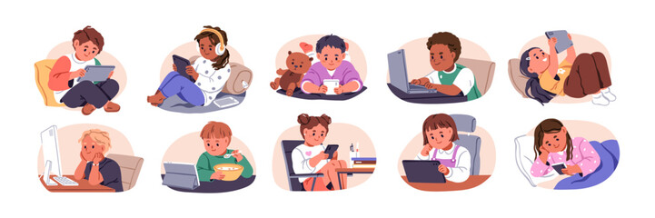 Obraz na płótnie Canvas Kids with mobile phones, laptops, tablets and computers. Children and digital gadgets addiction. Smartphone screen addicted boys and girls. Flat vector illustrations isolated on white background