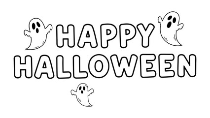 Fototapeta premium Spooky Greetings: A monochrome illustration spells out Happy Halloween with adorable cartoon ghosts in a simplistic and lighthearted design. 
