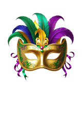 Golden masquerade mask with colorful feathers