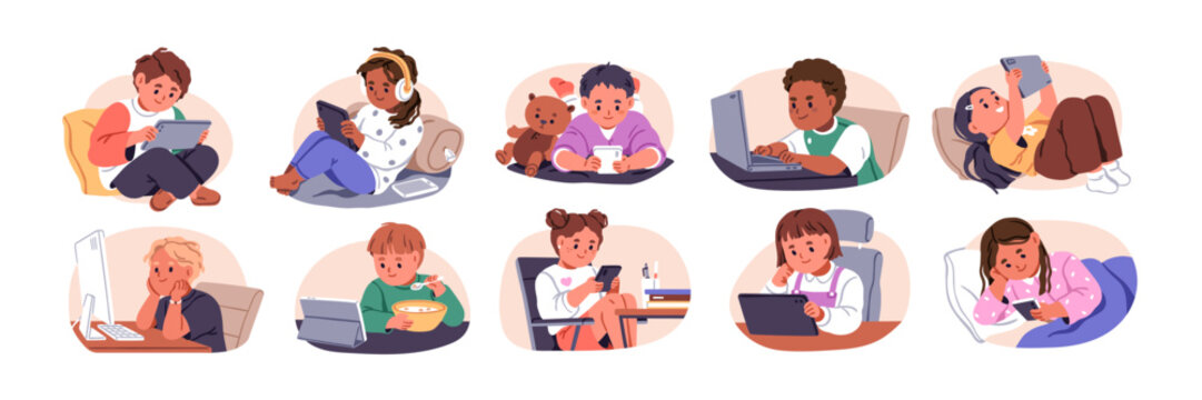 Kids with mobile phones, laptops, tablets and computers. Children and digital gadgets addiction. Smartphone screen addicted boys and girls. Flat vector illustrations isolated on white background