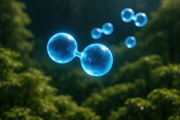 oxygen sustainability efficiency concept. Floating blue molecules in a lush green environment.