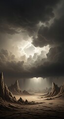 Dramatic, rocky landscape beneath a stormy sky, lit by a shaft of light.