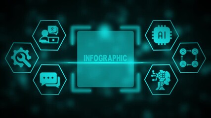Infographic concept with AI and social media icons in a digital network with teal glow data visualization - Powered by Adobe