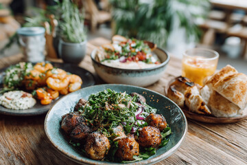 Restaurant table displays fresh gourmet salads alongside artisanal breads and orange juice.