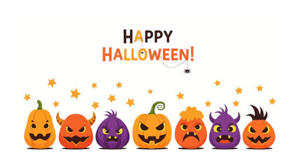 Spooky Pumpkin Celebration: A delightful collection of grinning, and scary jack-o'-lanterns, embodying the essence of Halloween, adorned with stars and festive fonts.