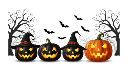 Spooky Halloween: Halloween scene, A row of intricately carved jack-o'-lanterns are lit up with flickering lights under a foreboding sky, with silhouettes of bats and barren trees.