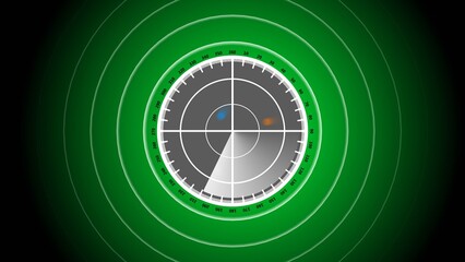Digital radar screen interface with a green circular scanner, glowing grid lines, and moving signal blips on a dark blue background. The radar emits concentric waves and a rotating sweep effect.