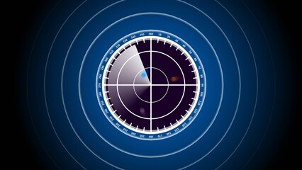 Digital radar screen interface with a green circular scanner, glowing grid lines, and moving signal blips on a dark blue background. The radar emits concentric waves and a rotating sweep effect.