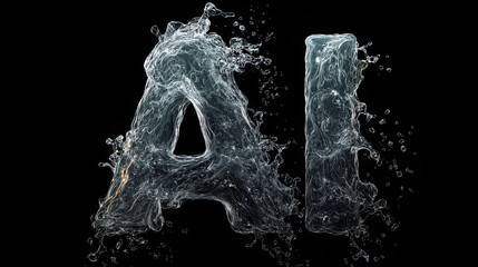 Dynamic water splash forms transparent artificial intelligence letters through fluid motion.
