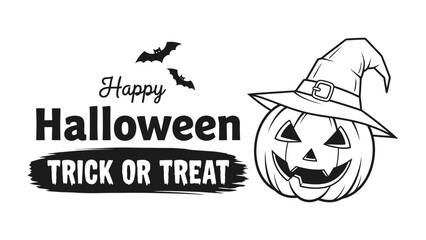 Halloween Trick or Treat: A classic Halloween image, featuring a carved pumpkin wearing a witch's hat, with Happy Halloween and Trick or Treat text and some bats against a clean backdrop.