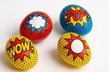 Vibrantly Colored Easter Eggs Decorated with Comic Book Style Expressions Like POP! and WOW! for a Playful and Festive Atmosphere