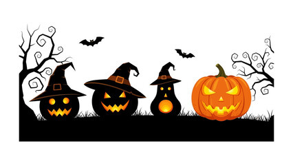 Spooky Halloween Pumpkin Patch: A festive scene of Halloween, featuring various carved pumpkins with sinister grins, silhouettes of bats fluttering under a spooky tree on grass in a dark night .