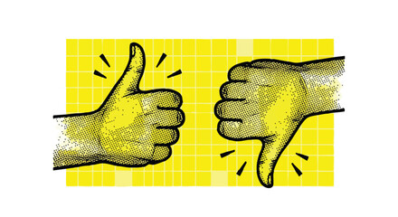 Illustration of two hands showing a thumbs up and a thumbs down gesture against a yellow grid background.