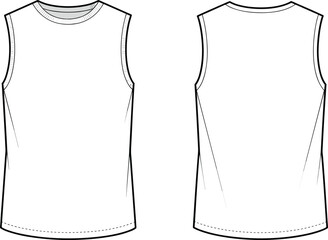 Blank sleeveless tank top fashion flat sketch front and back view, technical clothing template, apparel outline design, vector garment illustration