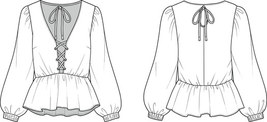 Blouse fashion flat sketch with lace up neckline, puff sleeves, peplum hem, back tie, technical drawing template for apparel design