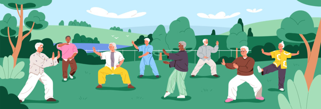 Tai chi group exercising in nature, park. Senior old people during outdoor qigong class. Asian elderly at Chinese gymnastics training, wellness and body health workout. Flat vector illustration - Powered by Adobe