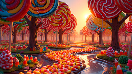 A whimsical candy land with lollipop trees and a river of candy corn under a warm sunset creating a sweet and enchanting landscape