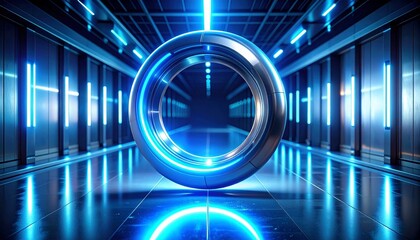 Futuristic corridor with glowing blue lights and central metallic ring