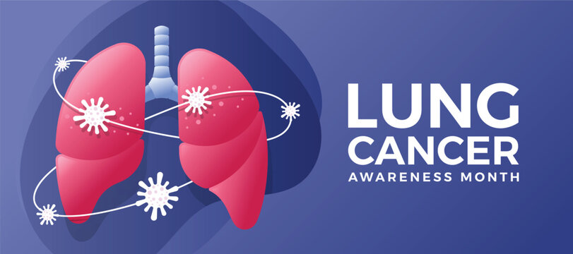 Lung cancer awareness month - Text and pink lung with line cancer cell rolling around on blue background vector design