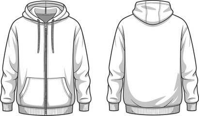 Front and back view hoodie flat sketch vector template, fashion clothing design, casual sweatshirt pattern, zip up hoodie illustration