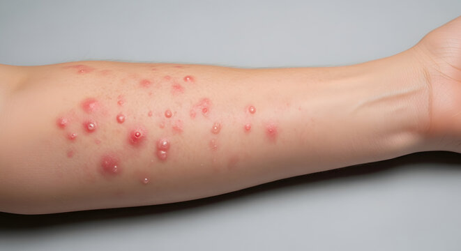 Monkeypox rash on a person's arm with blisters and lesions, close up view