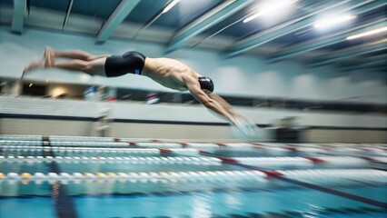 Athlete diving into swimming pool capturing motion blur splash action photorealism