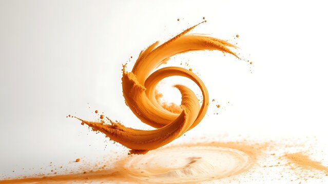 Swirling cinnamon powder vortex on white backdrop, frozen in motion with warm tonal contrast.