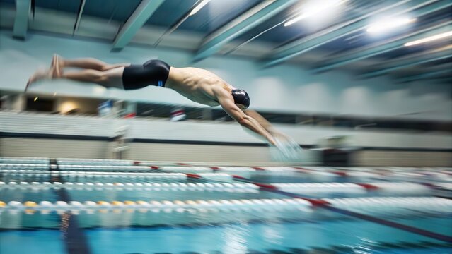 Athlete diving into swimming pool capturing motion blur splash action photorealism - Powered by Adobe