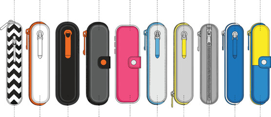 Modern protective hard case pouch collection, stylish zipper travel storage bag design, colorful organizer accessory mockup, vector illustration set