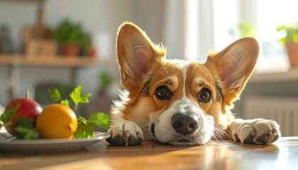 Adorable corgi looking at food