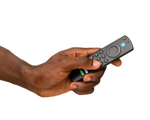 A hand holding a black remote control with multiple buttons, isolated on a transparent background.