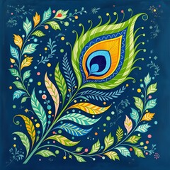 Illustration of peacock feather pattern in blue background