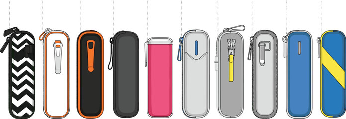 Protective hard case pouch design collection, colorful travel storage bag mockup, zipper cover organizer, fashion accessory vector illustration template