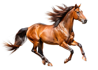 Obraz premium Brown horse galloping with flowing mane and tail isolated on a transparent background