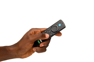 A hand holding a black remote control with visible buttons, isolated on a transparent background.
