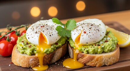 Two slices of toasted bread topped with creamy avocado and poached eggs, showcasing vibrant yellow yolk, are beautifully presented on a wooden board.