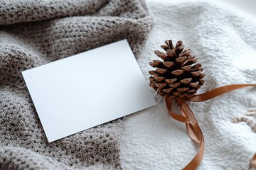 rustic christmas mockup with greeting card pine cone and ribbon on soft fabric minimal festive branding concept of business retail design holiday marketing