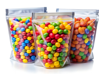 Colorful candies in clear stand up pouches isolated on a transparent background candy