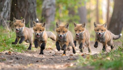 Adorable fox kits running in a forest path