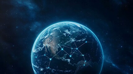 Obraz premium Earth globe with glowing network lines over continents sits against a backdrop of a starry night sky, representing global connectivity and technology advancement.