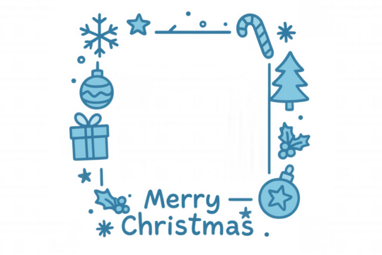 Merry christmas holiday doodle line art frame with festive seasonal elements on transparent background