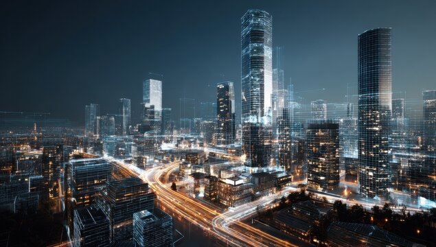 3D rendering of the city skyline with modern buildings and roads, showcasing a high-tech urban landscape