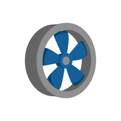 Fototapeta premium Modern industrial ventilation fan with five blue propeller blades rotating within a gray circular housing for efficient air cooling.