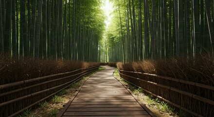 Serene bamboo forest path bathed in soft sunlight creates a tranquil, natural escape