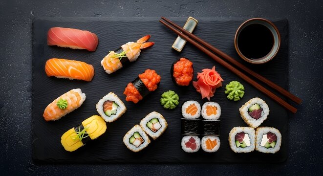 top view of sushi set with chopsticks and soy sauce