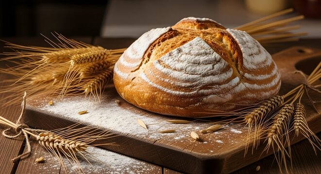 Still life of rustic bread loaf, wheat stalks, and flour dust